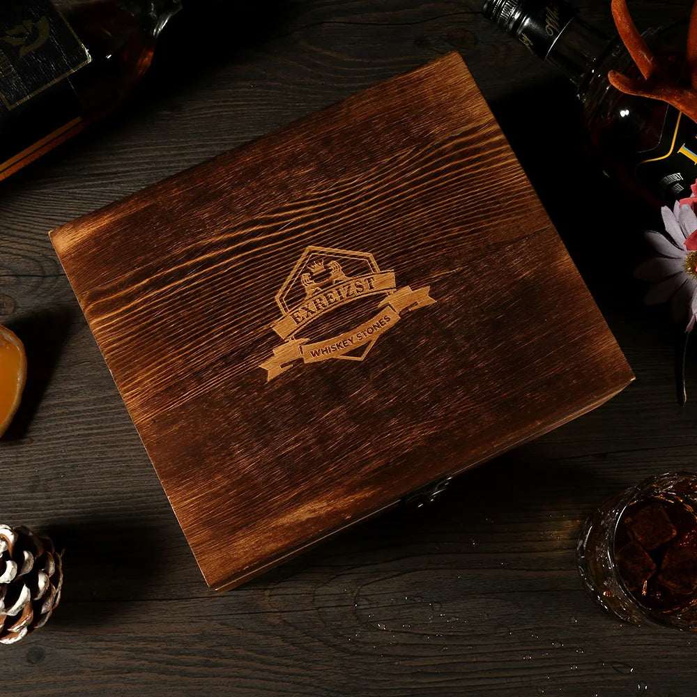 Whiskey Stones & Glasses Set, Granite Ice Cube For Whisky, Whisky Chilling Rocks In Wooden Box, Best Gift For Dad Husband Men