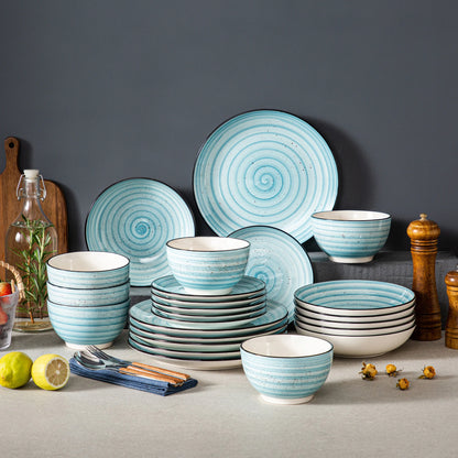 vancasso Blue 24/48-Piece Handpainted Spirals  Stoneware Dinner Combi-Set with Bowl,Dessert Plate,Soup Plate,Dinner Plate