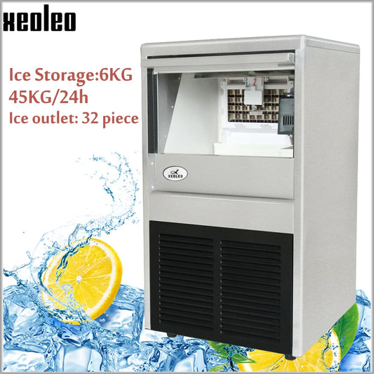 Xeoleo Commercial Ice maker 45KG/24h Ice machine 32 pcs Cube ice each time 20min make ice for Cafe/Bubble tea shop 6kg Storage