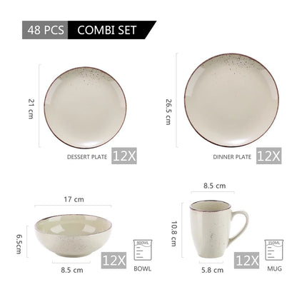 Vancasso 16/32/48-Piece Ceramic Beige Stoneware Dinnerware Set with Dinner Plate,Dessert Plate,800ml Bowl, Mug Tableware Set