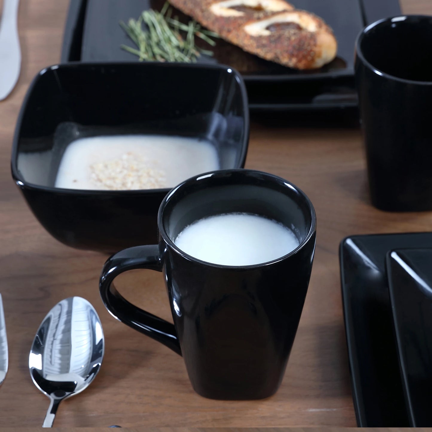 Vancasso SOHO 16/32/48-Piece Black Ceramic Porcelain Square Dinnerware Set with Dinner Plate,Dessert Plate,Bowl,240ml Mug Set