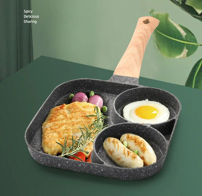 UPORS 4 Hole Frying Pan Non Stick Breakfast Burger Egg Pancake Maker Wooden Handle Medical Stone Four Hole Omelet Pan