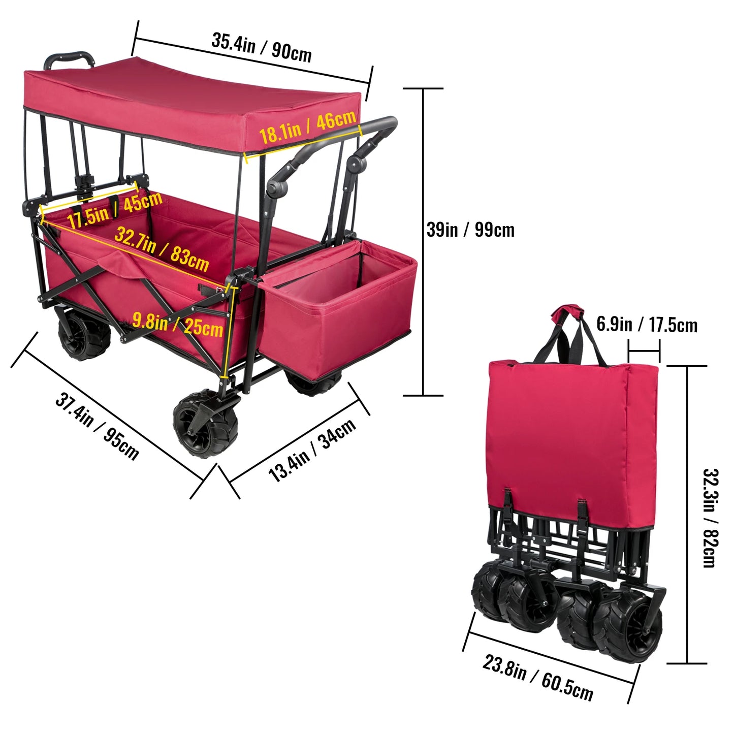 VEVOR Folding Wagon Cart W/ Adjustable Handle Bar Removable Canopy Oxford Cloth Collapsible Shopping Outdoor Camping Beach Cart