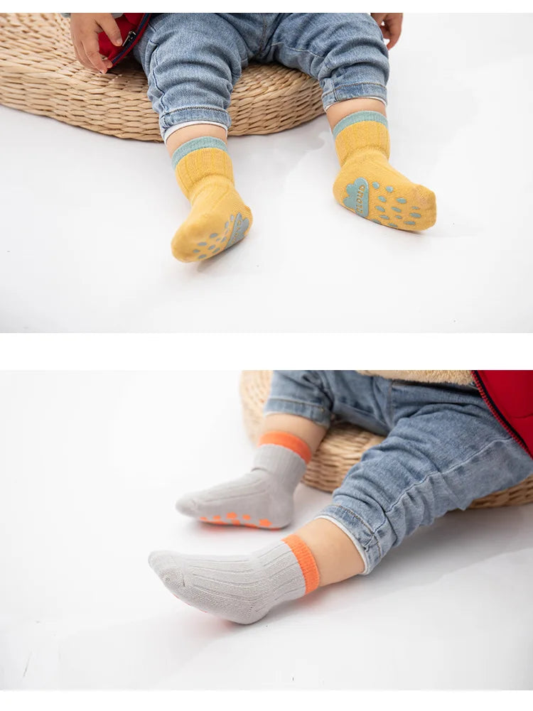 3 Pairs/lot Children's Socks Solid Striped Spring Boy Rubber Anti Slip Newborn Baby Floor Socks Cotton Infant Socks For Girls