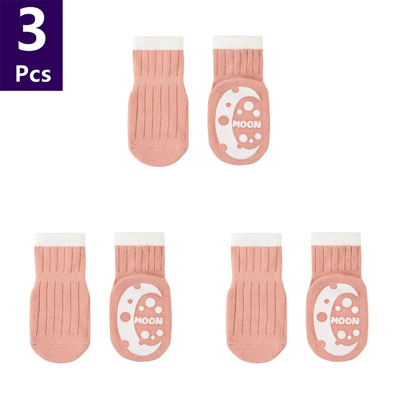 3 Pairs/lot Children's Socks Solid Striped Spring Boy Rubber Anti Slip Newborn Baby Floor Socks Cotton Infant Socks For Girls