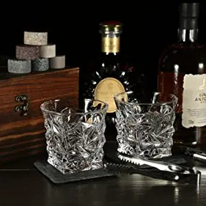 Whiskey Stones & Glasses Set, Granite Ice Cube For Whisky, Whisky Chilling Rocks In Wooden Box, Best Gift For Dad Husband Men