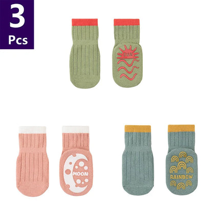 3 Pairs/lot Children's Socks Solid Striped Spring Boy Rubber Anti Slip Newborn Baby Floor Socks Cotton Infant Socks For Girls