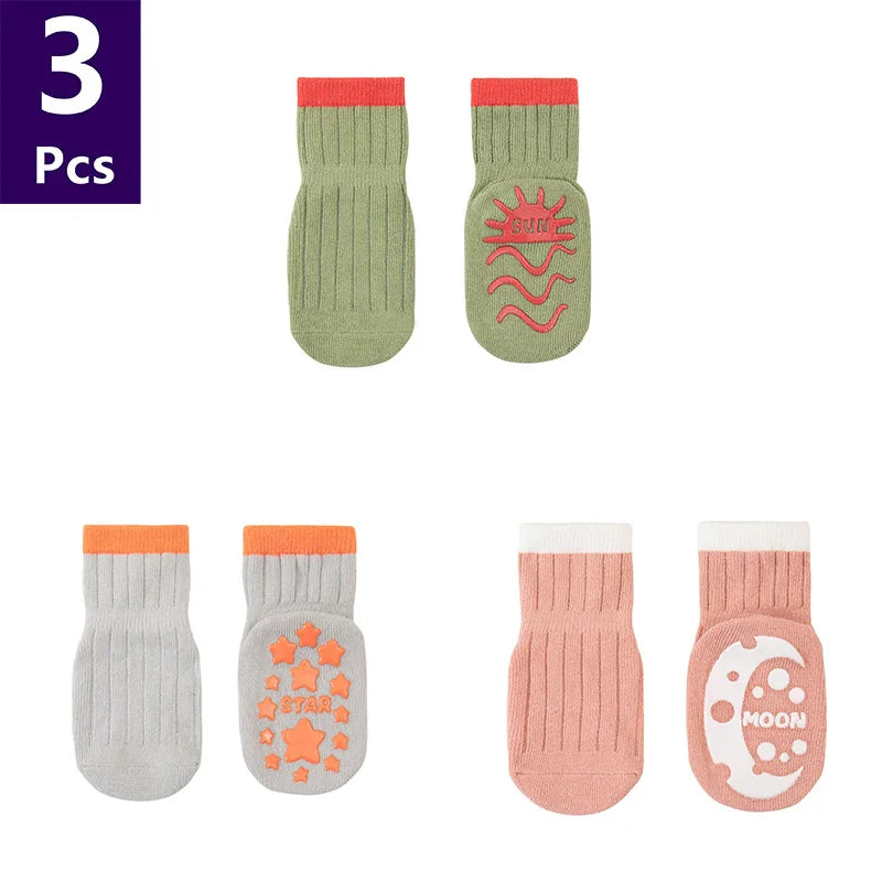 3 Pairs/lot Children's Socks Solid Striped Spring Boy Rubber Anti Slip Newborn Baby Floor Socks Cotton Infant Socks For Girls