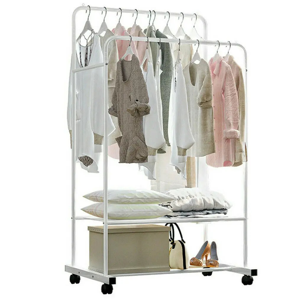 1.5m Large Clothes Rack Double Rail Rolling Stand Shoes Rack Storage Shelf White