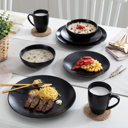 VANCASSO MODA Series 16/32/48 Piece Pottery Dinner Set Black Stoneware Tableware Set with Dinner Plate,Dessert Plate,Bowls,Cups