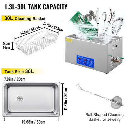 VEVOR Ultrasonic Cleaner Digital Timer  2L 3L 6L 10L 15L 22L 30L Stainless Steel Bath Jewelry Glasses Watch Cleaning Machine