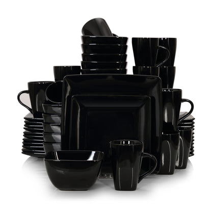 Vancasso SOHO 16/32/48-Piece Black Ceramic Porcelain Square Dinnerware Set with Dinner Plate,Dessert Plate,Bowl,240ml Mug Set