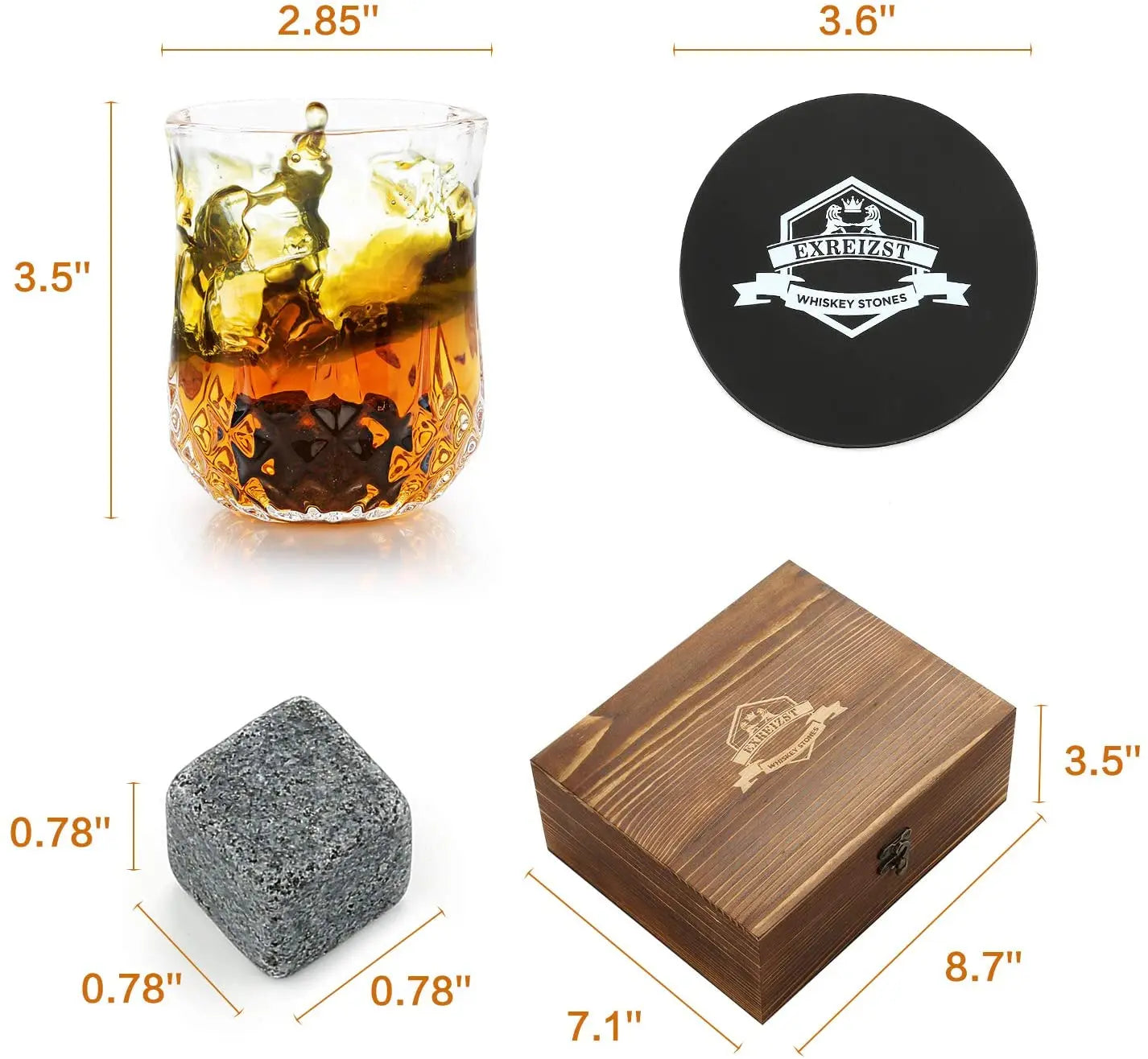 Whiskey Stones & Glasses Set, Granite Ice Cube For Whisky, Whisky Chilling Rocks In Wooden Box, Best Gift For Dad Husband Men