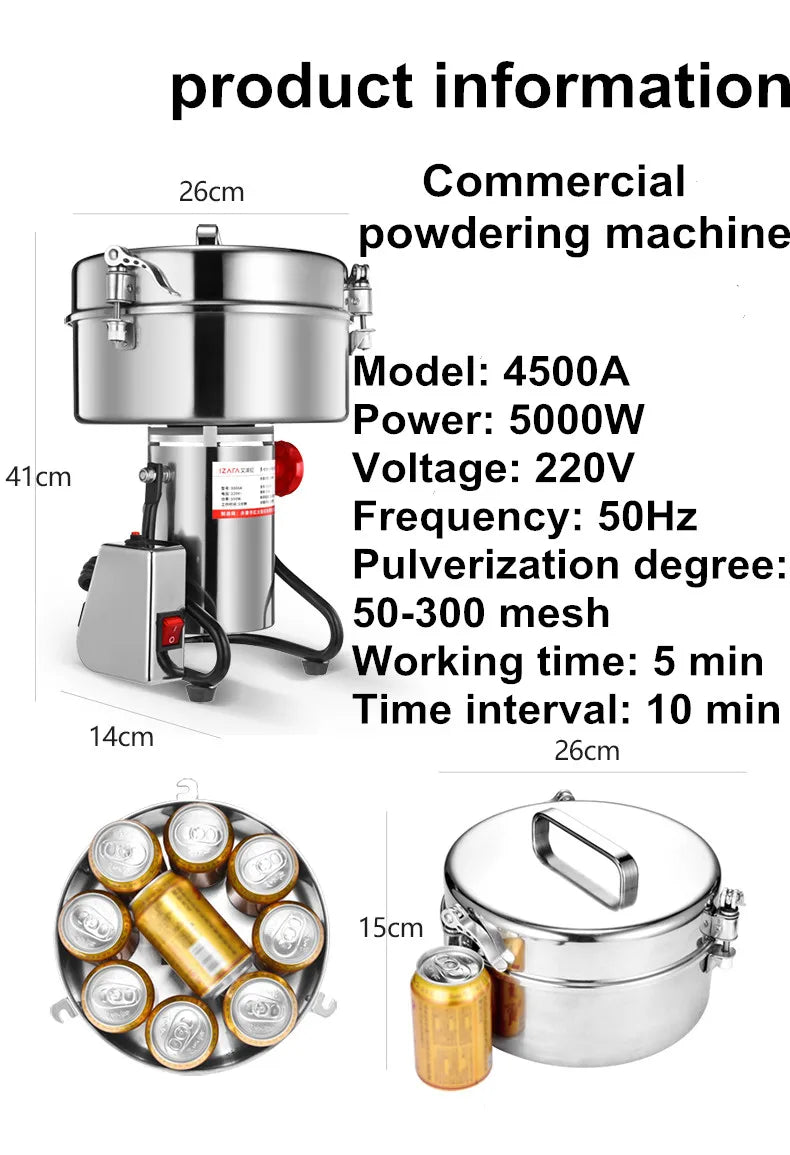 4500G Commercial Grain Grinder High Speed 4500W Cereals Medicinal Materials Spices Powder Crusher Stainless Steel Coffee Grinder