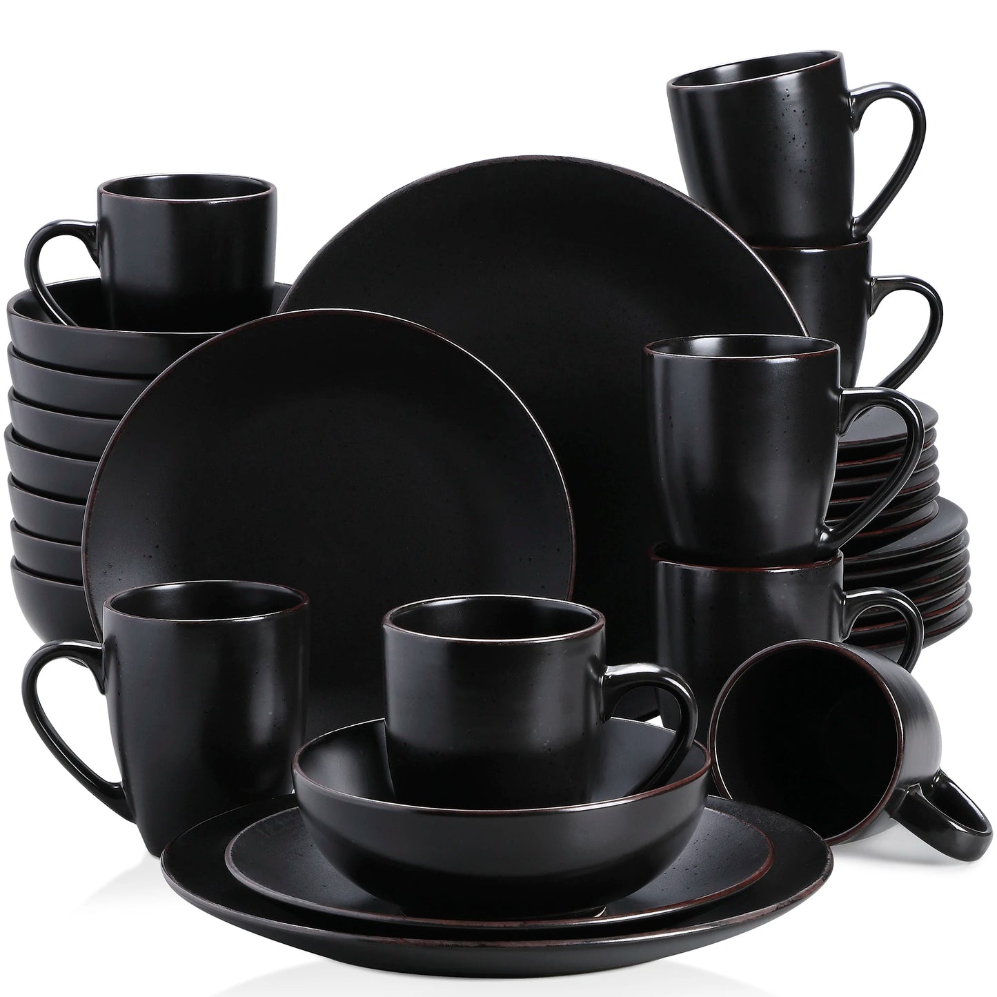 VANCASSO MODA Series 16/32/48 Piece Pottery Dinner Set Black Stoneware Tableware Set with Dinner Plate,Dessert Plate,Bowls,Cups