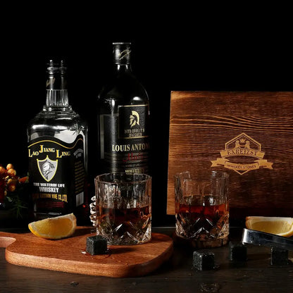 Whiskey Stones & Glasses Set, Granite Ice Cube For Whisky, Whisky Chilling Rocks In Wooden Box, Best Gift For Dad Husband Men