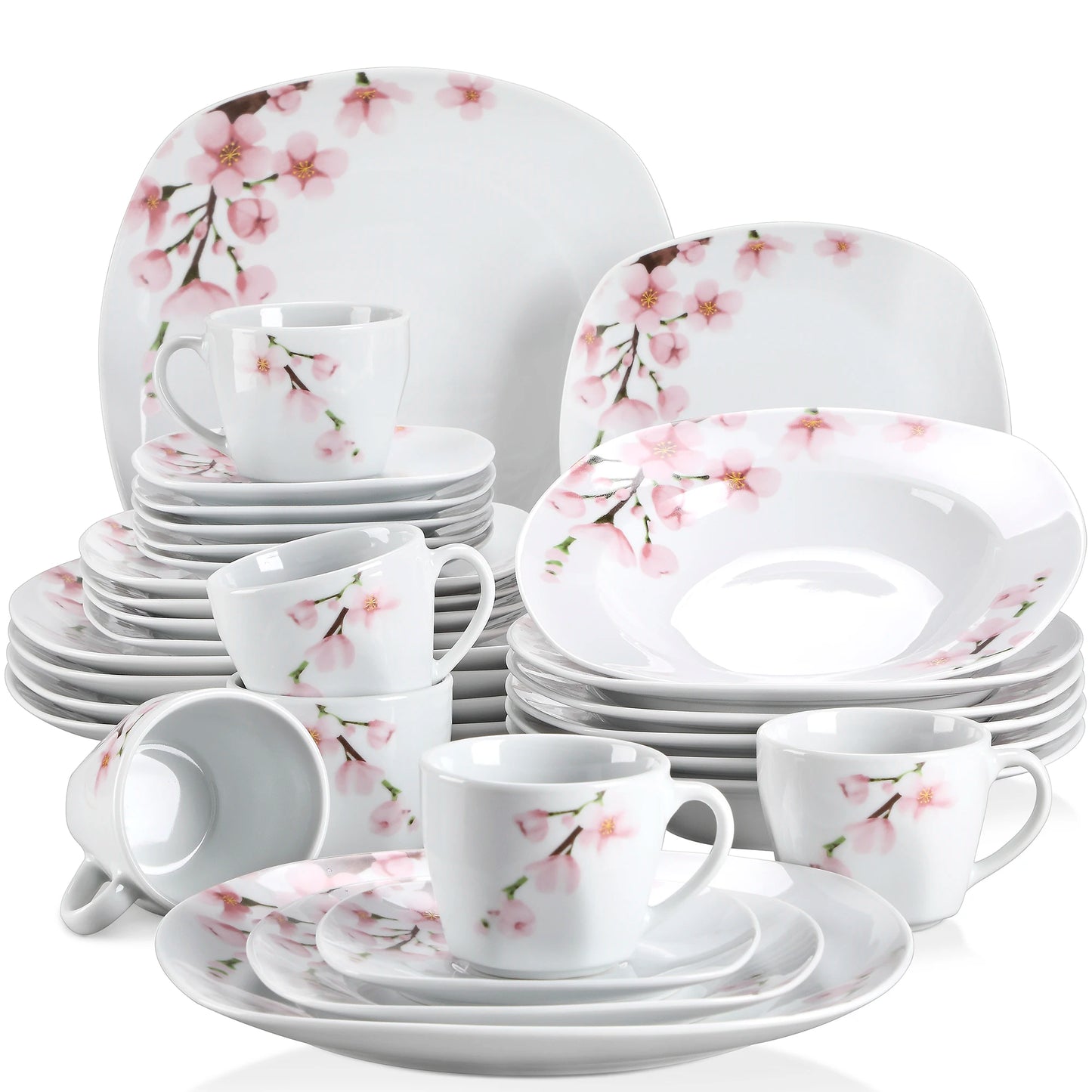 VEWEET 30/60-Piece White Ceramic Pink Floral Porcelain Plate Set with 5PCSDinner Soup Dessert Plate ,Cups Saucers for 12 Person