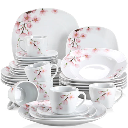 VEWEET 30/60-Piece White Ceramic Pink Floral Porcelain Plate Set with 5PCSDinner Soup Dessert Plate ,Cups Saucers for 12 Person