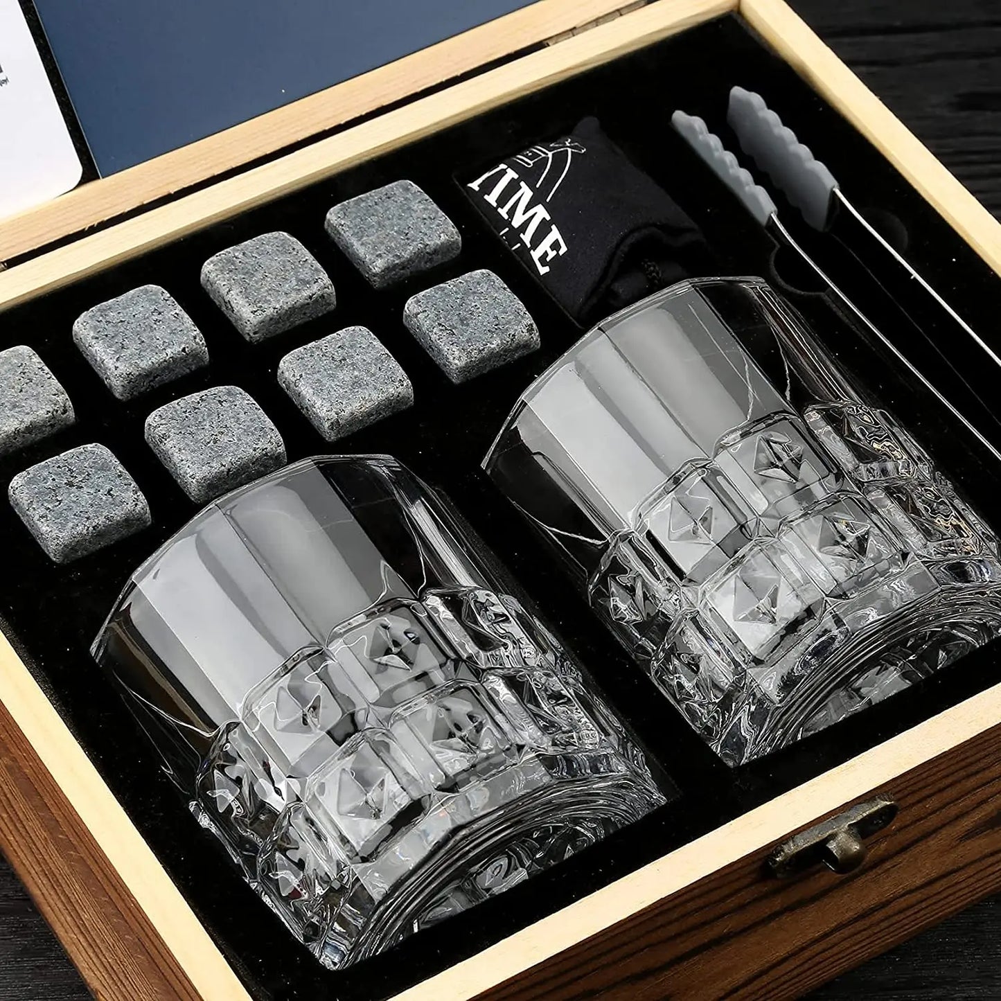 Whiskey Stones & Glasses Set, Granite Ice Cube For Whisky, Whisky Chilling Rocks In Wooden Box, Best Gift For Dad Husband Men