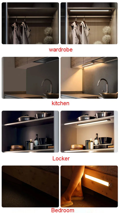 Wireless LED Night Light Motion Sensor 20 40 60 80cm USB Rechargeable Dimmable Wardrobe Lamp for Kitchen Cabinet Staircase Lamp