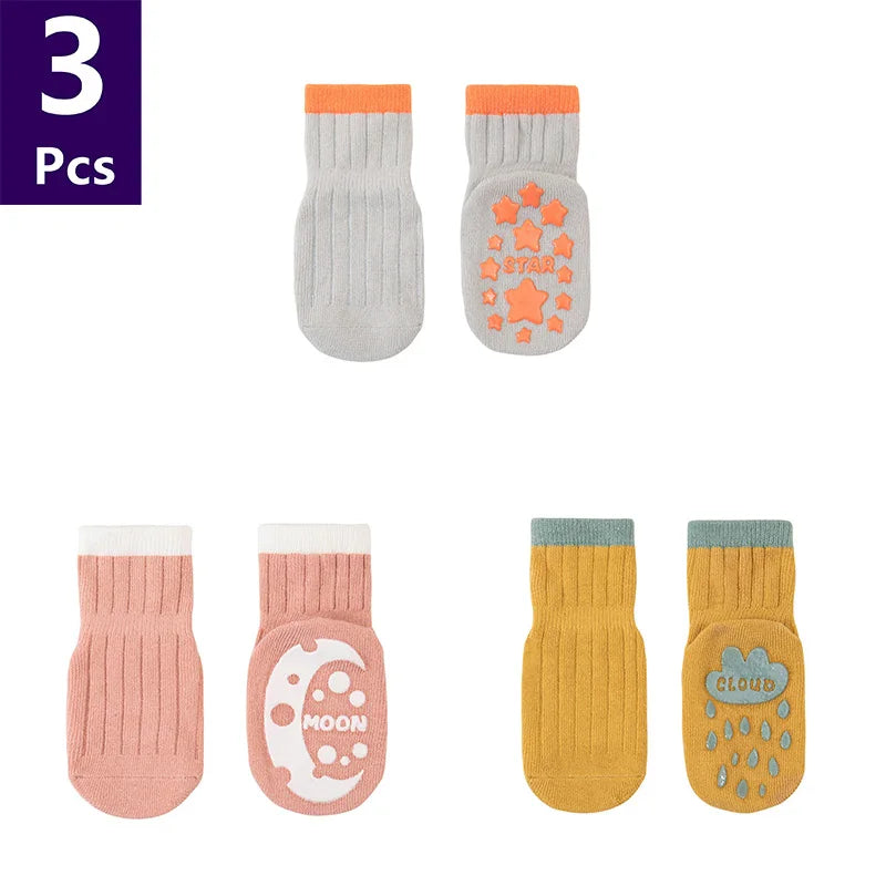 3 Pairs/lot Children's Socks Solid Striped Spring Boy Rubber Anti Slip Newborn Baby Floor Socks Cotton Infant Socks For Girls