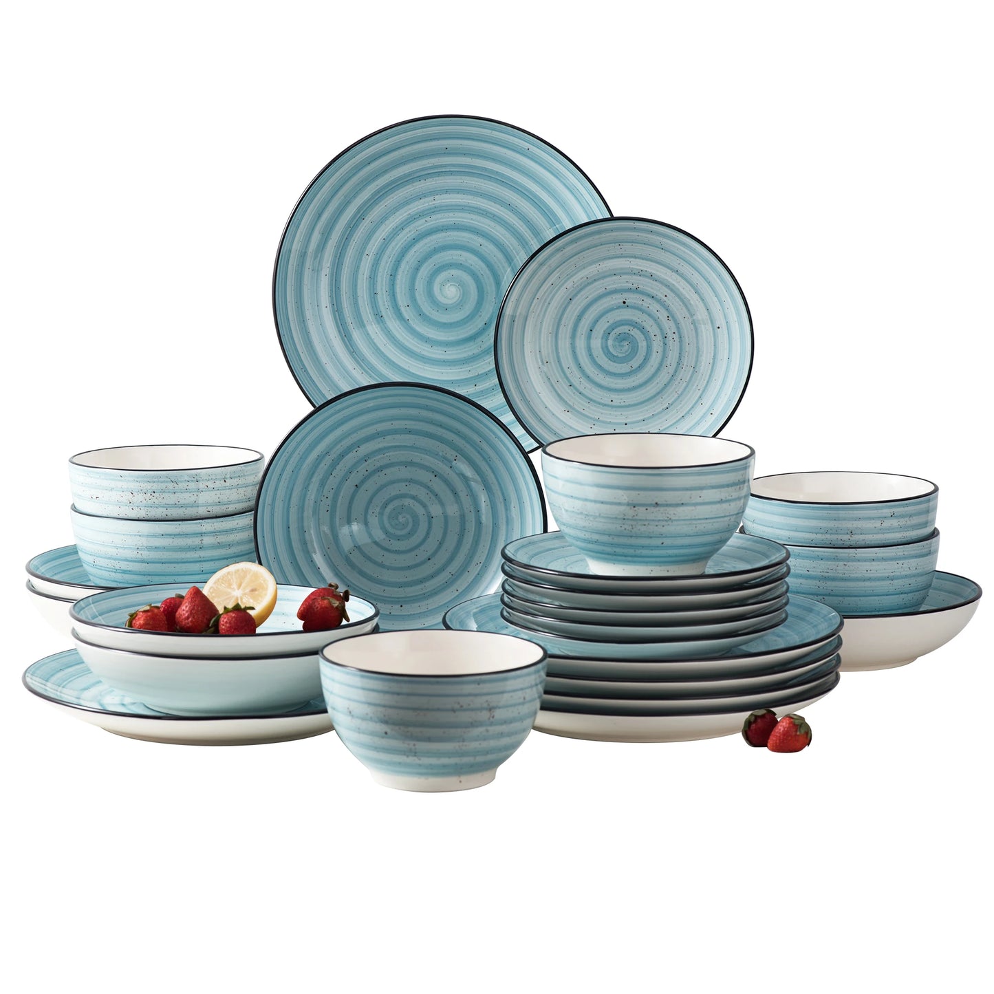 vancasso Blue 24/48-Piece Handpainted Spirals  Stoneware Dinner Combi-Set with Bowl,Dessert Plate,Soup Plate,Dinner Plate