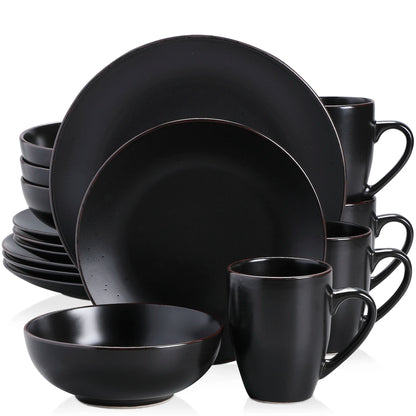 VANCASSO MODA Series 16/32/48 Piece Pottery Dinner Set Black Stoneware Tableware Set with Dinner Plate,Dessert Plate,Bowls,Cups