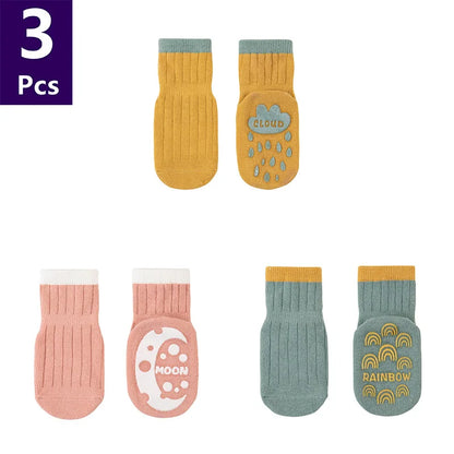 3 Pairs/lot Children's Socks Solid Striped Spring Boy Rubber Anti Slip Newborn Baby Floor Socks Cotton Infant Socks For Girls