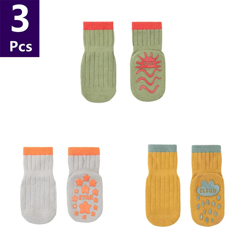 3 Pairs/lot Children's Socks Solid Striped Spring Boy Rubber Anti Slip Newborn Baby Floor Socks Cotton Infant Socks For Girls