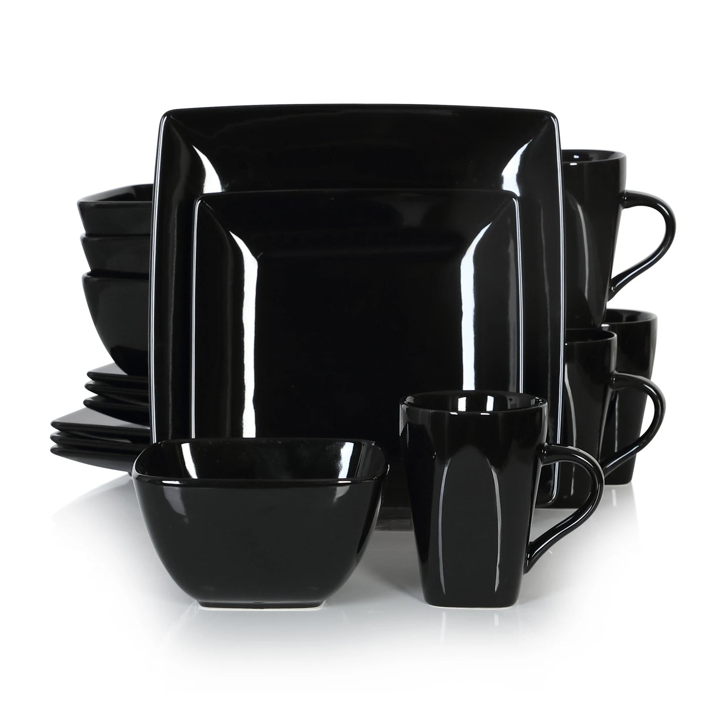 Vancasso SOHO 16/32/48-Piece Black Ceramic Porcelain Square Dinnerware Set with Dinner Plate,Dessert Plate,Bowl,240ml Mug Set