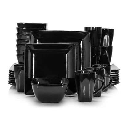 Vancasso SOHO 16/32/48-Piece Black Ceramic Porcelain Square Dinnerware Set with Dinner Plate,Dessert Plate,Bowl,240ml Mug Set