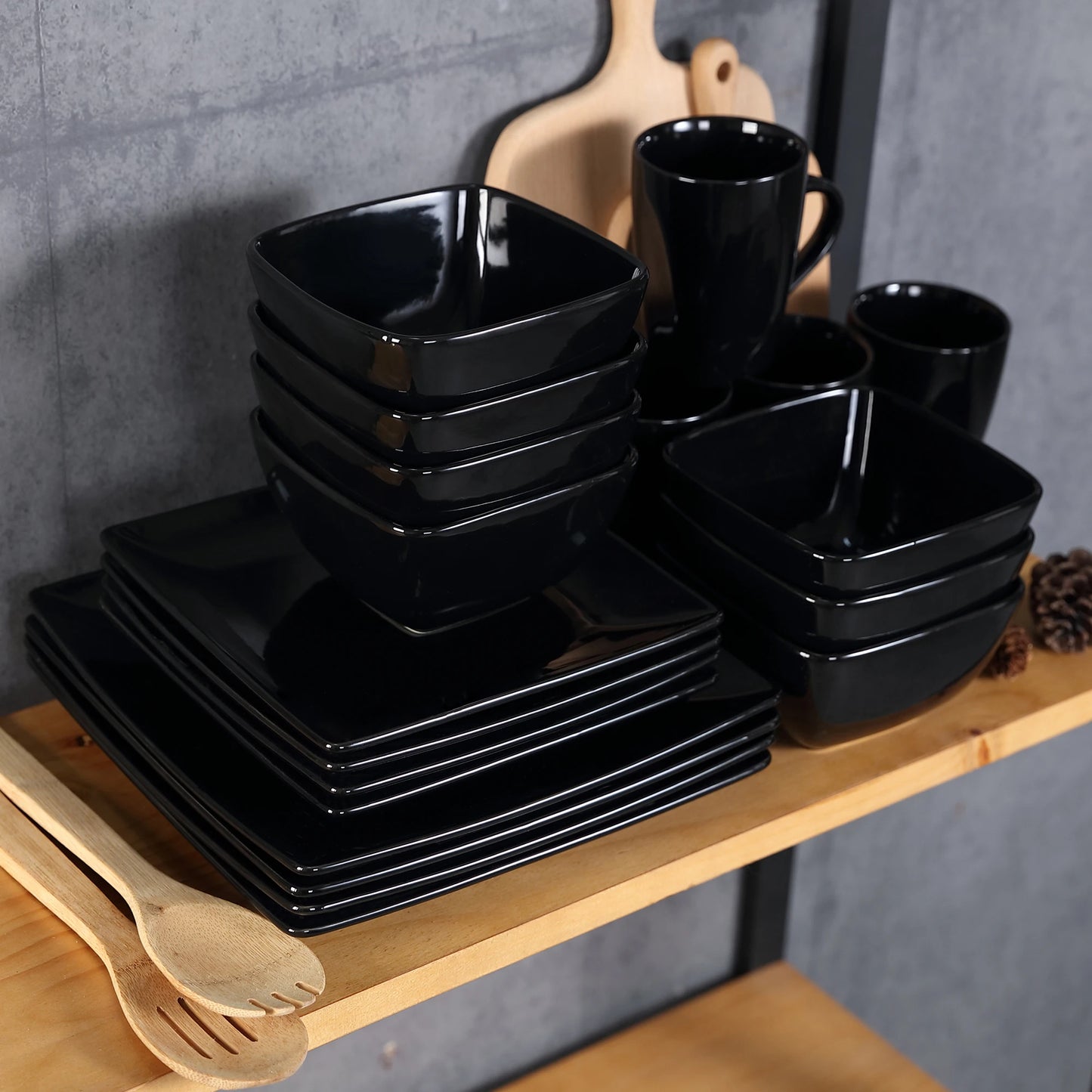 Vancasso SOHO 16/32/48-Piece Black Ceramic Porcelain Square Dinnerware Set with Dinner Plate,Dessert Plate,Bowl,240ml Mug Set