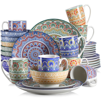 vancasso 16/32/48-PCS Ceremic Plate Porcelain Dinnerware Set Bohemian Mandala Patterned with Dinner Plate,Dessert Plate,Bowl,Mug