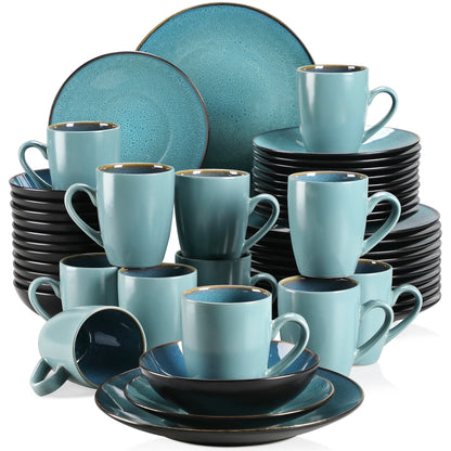 VANCASSO BUBBLE 16/32/48-Piece Tableware Set Vintage Ceramic Blue/Brown Stoneware Set with Dinner&Dessert Plate,Bowl,Coffee Cups