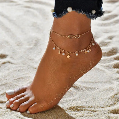 S014 Vintage Boho Multi Layer Beads Anklets For Women Fashion Sun Pendent Anklet Handmade Chain Foot Party Jewelry Leg Bracelet