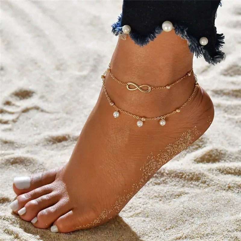 S014 Vintage Boho Multi Layer Beads Anklets For Women Fashion Sun Pendent Anklet Handmade Chain Foot Party Jewelry Leg Bracelet