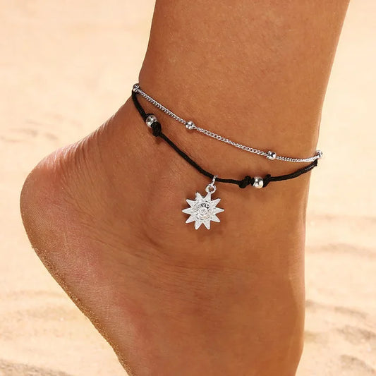 S014 Vintage Boho Multi Layer Beads Anklets For Women Fashion Sun Pendent Anklet Handmade Chain Foot Party Jewelry Leg Bracelet