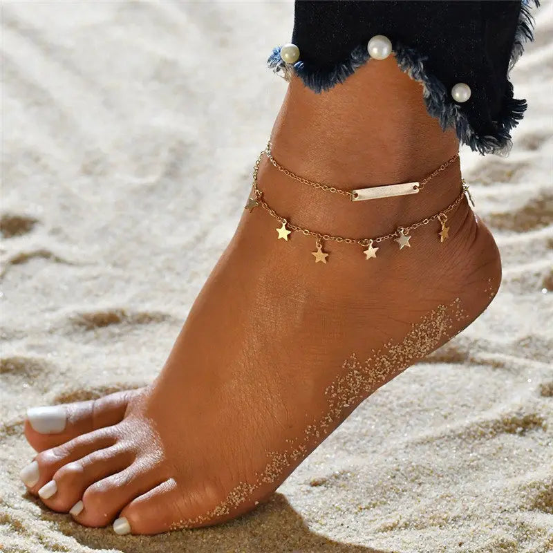 S014 Vintage Boho Multi Layer Beads Anklets For Women Fashion Sun Pendent Anklet Handmade Chain Foot Party Jewelry Leg Bracelet