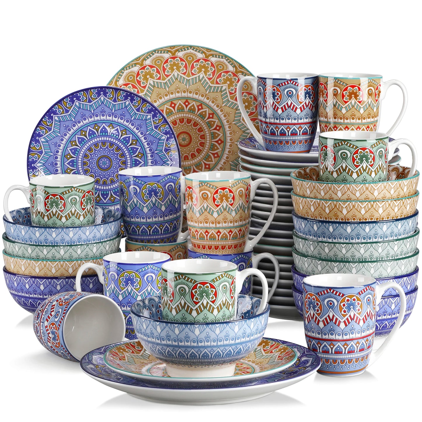 vancasso 16/32/48-PCS Ceremic Plate Porcelain Dinnerware Set Bohemian Mandala Patterned with Dinner Plate,Dessert Plate,Bowl,Mug