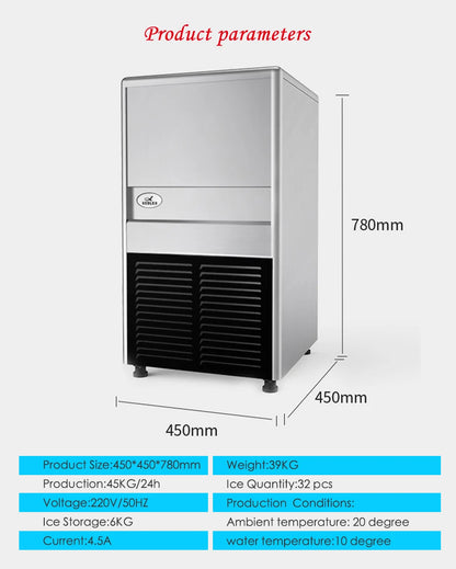 Xeoleo Commercial Ice maker 45KG/24h Ice machine 32 pcs Cube ice each time 20min make ice for Cafe/Bubble tea shop 6kg Storage