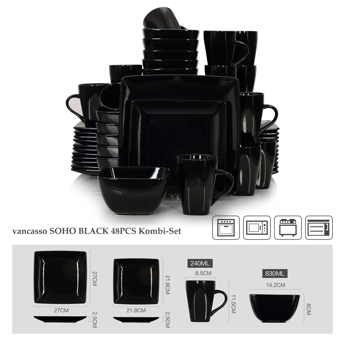 Vancasso SOHO 16/32/48-Piece Black Ceramic Porcelain Square Dinnerware Set with Dinner Plate,Dessert Plate,Bowl,240ml Mug Set