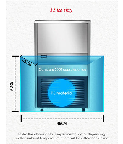 Xeoleo Commercial Ice maker 45KG/24h Ice machine 32 pcs Cube ice each time 20min make ice for Cafe/Bubble tea shop 6kg Storage