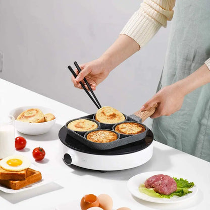 UPORS 4 Hole Frying Pan Non Stick Breakfast Burger Egg Pancake Maker Wooden Handle Medical Stone Four Hole Omelet Pan