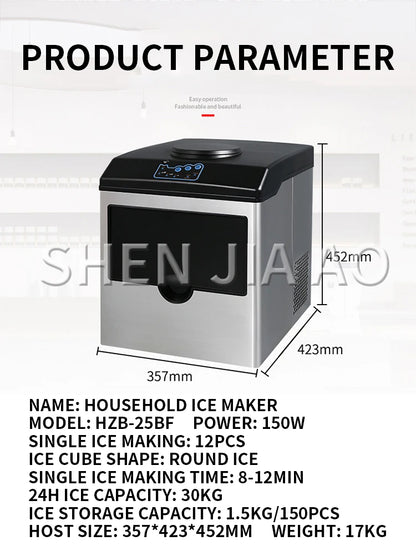 150W Ice Maker Commercial Small 30KG/24H Automatic Ice Maker for Household Milk Tea Shop Bottled Water Ice Cube Making Machine