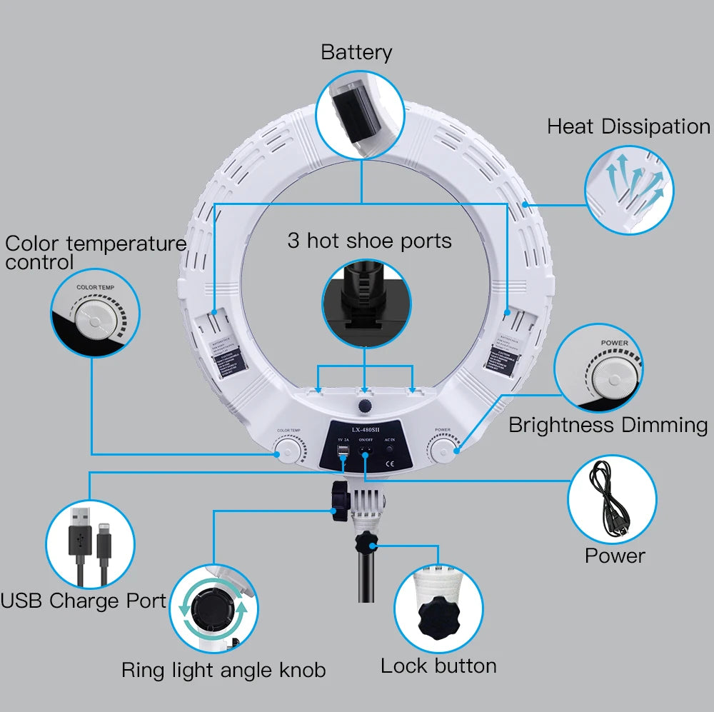 Yidoblo Warm & Cold Light LX-480SII 48W Ring Light Kit LED Ring Lamp SMD LEDS Video Light Lamp Makeup Lighting + Stand (2M)+ Bag