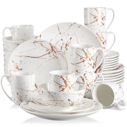 2021 LOVECASA White 16/32/48 Piece Procelain Tableware Set Design By Gold Splash with Dinner Plate,Cake plate,Bowls,Coffee Cups