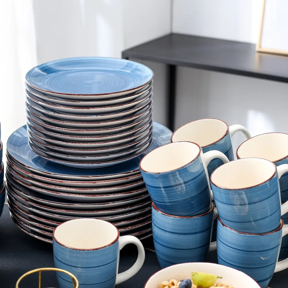 vancasso 16/32/48 PCS Porcelain Dinner Set Blue Vintage Look Ceramic Plate Set with 12*Dinner Plate,Dessert Plate,Bowl,Mug Set