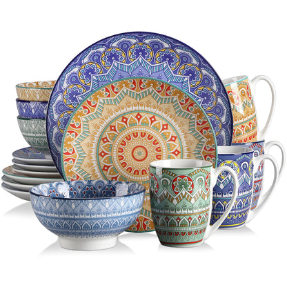 vancasso 16/32/48-PCS Ceremic Plate Porcelain Dinnerware Set Bohemian Mandala Patterned with Dinner Plate,Dessert Plate,Bowl,Mug