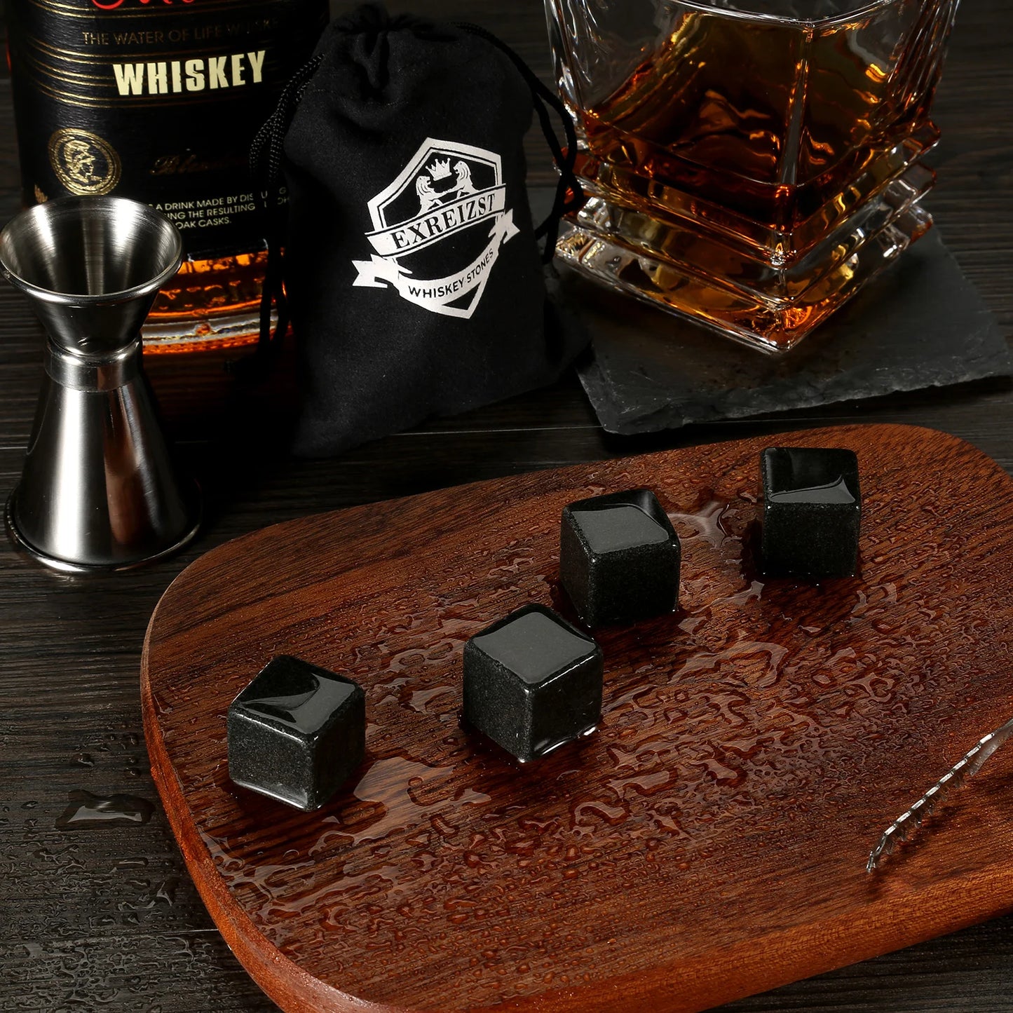 Whiskey Stones & Glasses Set, Granite Ice Cube For Whisky, Whisky Chilling Rocks In Wooden Box, Best Gift For Dad Husband Men