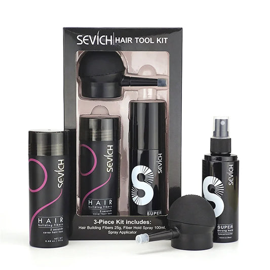 Sevich 3PCS/SET Keratin Hair Building KIT 25g Thickening Hair Fiber Spray with Pump Nozzle Hair Stlyling 100ml Hair Spray